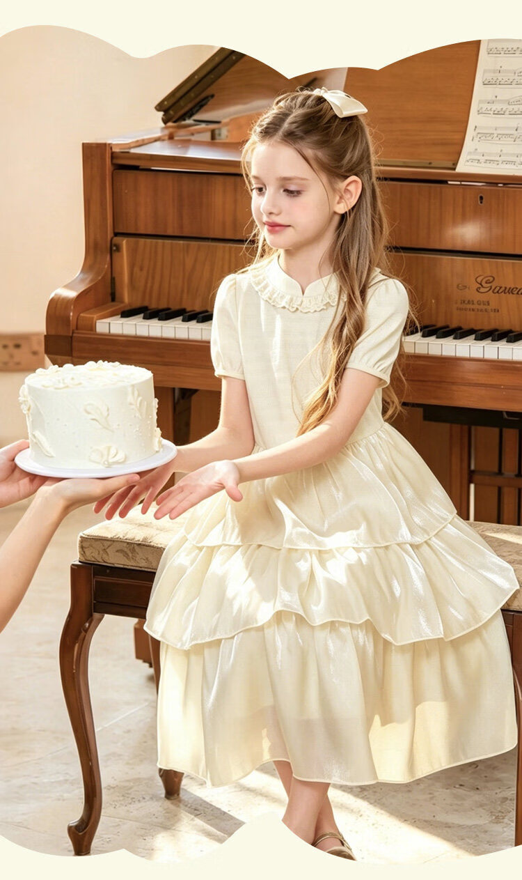 CHANZUIGOU Girls Mousse Cake Princess Dress 26 Summer New Children's Waterdrop Button Mid-Length Satin Dress 19